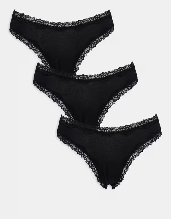 エイソス レディース アンダーウェア ブリーフパンツ レーストリム レース ASOS DESIGN 3 pack brazilian briefs with lace trim Black ブラック 6,920円