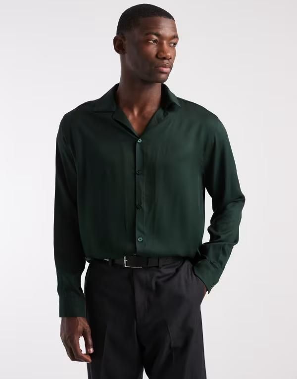エイソス メンズ トップス シャツ ASOS DESIGN relaxedeep camp collar shirt in dark GREEN グリーン