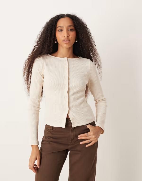 エイソス レディース アウター カーディガン リブ ASOS DESIGN wide neck ribbed cardigan in oatmeal Oatmeal オートミール
