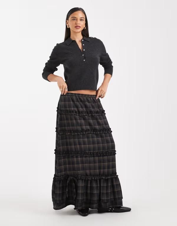 デイジーストリート レディース ボトムスカート ティアード フリル Daisy Streetiered ruffle boho skirt plaid BROWN PLAID ブラウン