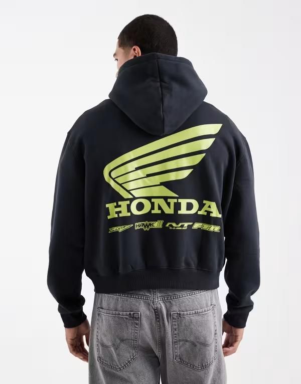 コットンオン メンズ アウター パーカー・スウェット クロップド Cotton cropped fit honda jt racing hoodie in washed BLACK ブラック