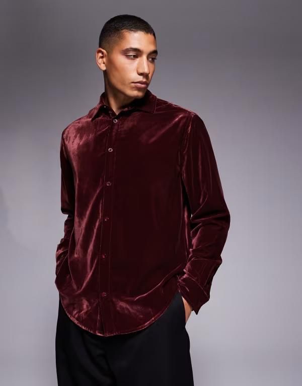 エイソス メンズ トップス シャツ ベルベット ASOS DESIGN relaxed velvet shirt Burgundy バーガンディ