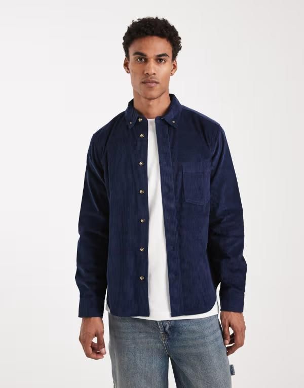 エイソス メンズ トップス シャツ ASOS DESIGN regular cord shirt NAVY ネイビー