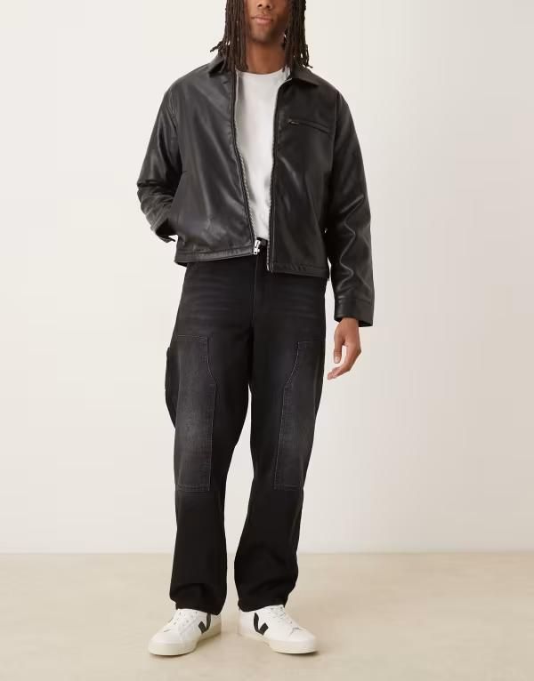 エイソス メンズ ボトムス デニムパンツ ストレート ジーンズ ASOS DESIGN straight leg jeans wash with carpenter details WASHED BLACK ブラック