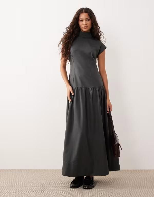 エイソス レディース トップス ワンピース ハイネック マキシワンピース マキシ ASOS DESIGN high neck drop waist maxi dress gray グレー