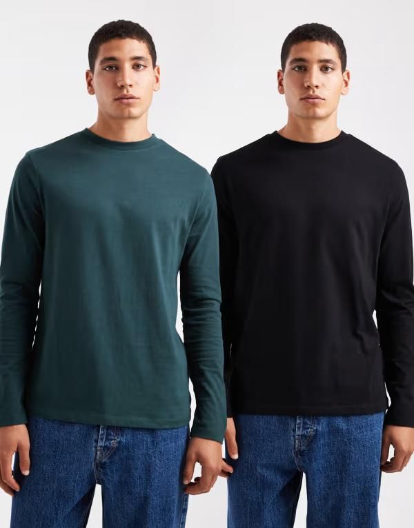 エイソス メンズ トップス Tシャツ ASOS DESIGN Essentials 2 pack long sleeve tshirts andark Black dark green ブラック