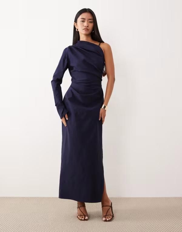 エイソス レディース トップス ワンピース ミディワンピース ドレープ ミディ ワンショルダー ASOS DESIGN oneshoulder draped midi dress NAVY ネイビー