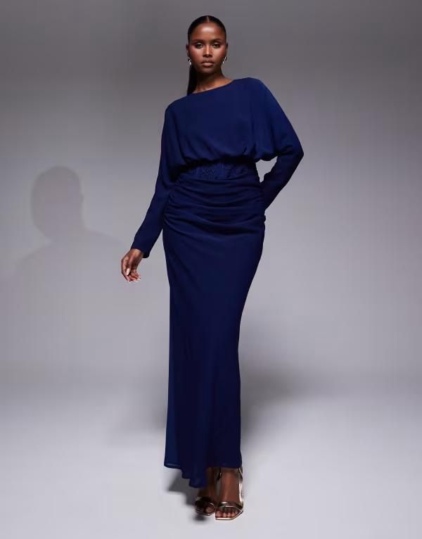 エイソス レディース トップス ワンピース レース マキシ ASOS DESIGN long sleeve lace bodice blouson maxi dress NAVY ネイビー