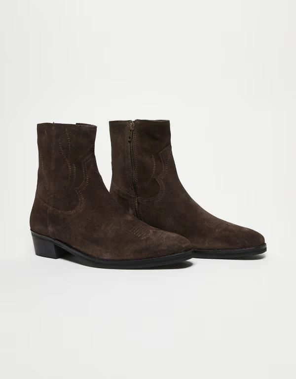 エイソス メンズ シューズ ブーツ・レインブーツ スエード ASOS DESIGN cuban bootsuede with western stitching BROWN ブラウン