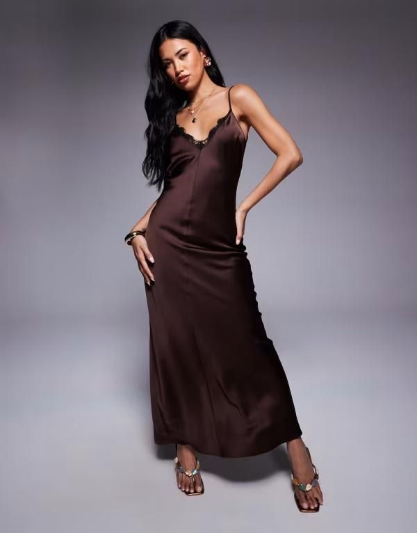 エイソス レディース トップス ワンピース Vネック レーストリム マキシワンピース サテン レース マキシ ASOS DESIGN v neck lace trim satin slip maxi dress in chocolate Chocolate チ