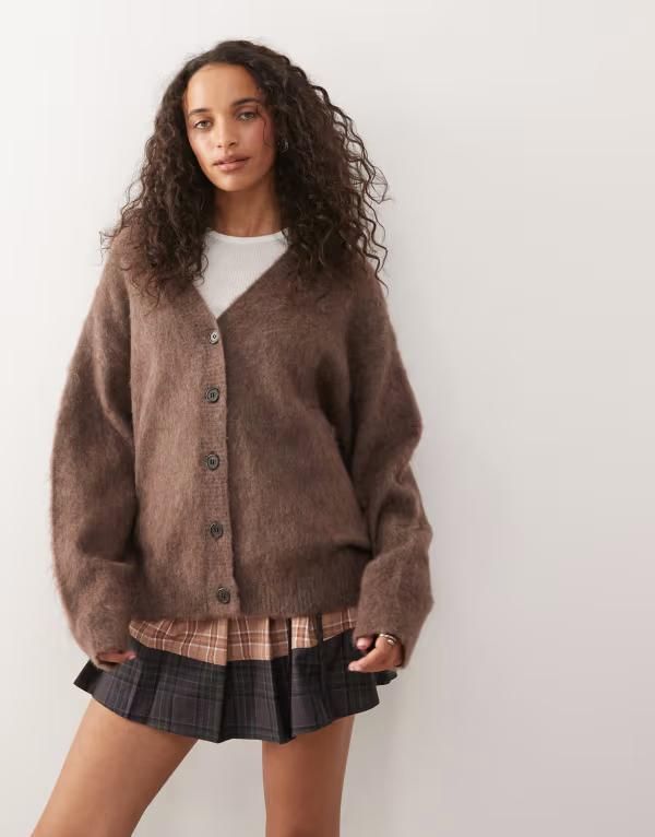 ウィークデイ レディース アウター カーディガン ウール Weekday premium wool mohair blend cardigan in mole melange Mole melange
