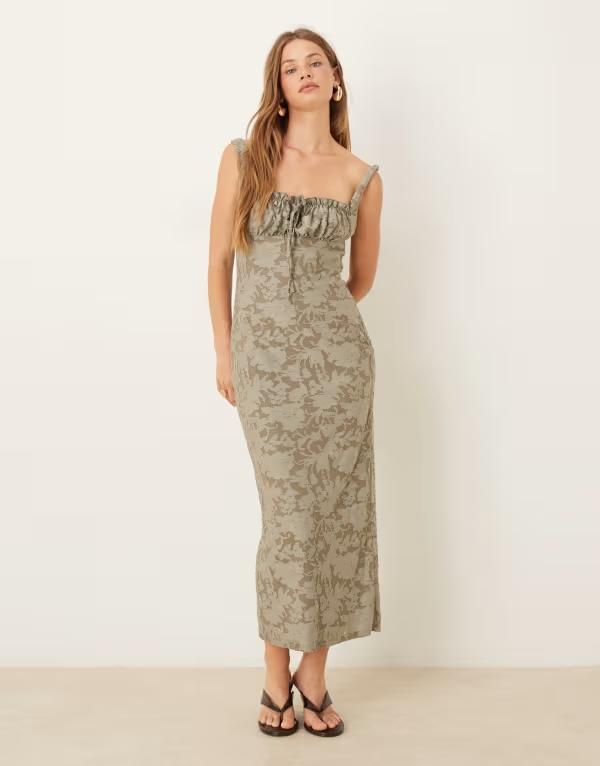 エイソス レディース トップス ワンピース ミディワンピース ギャザー ミディ ASOS DESIGN ruched bust corset detail midi dress in burnout khakiカーキ