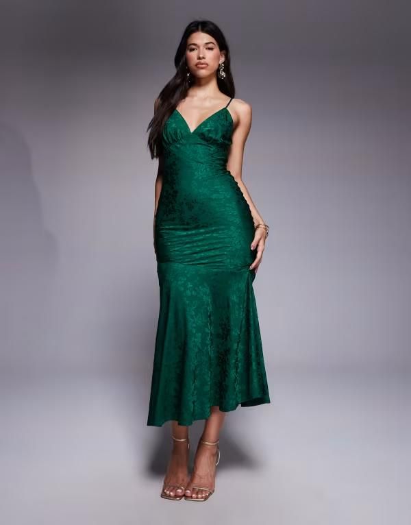 レア レディース トップス ワンピース フラワー柄 サテン フラワー Rare London exclusive satin floral jacquard cami fishtail hem midaxi dress in emerald Emerald エ