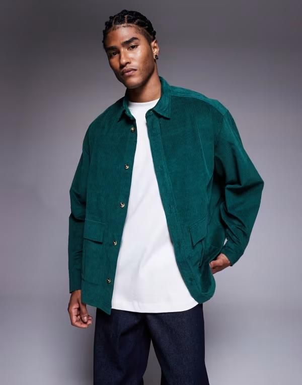 エイソス メンズ トップス シャツ ASOS DESIGN oversized cord shirt GREEN グリーン