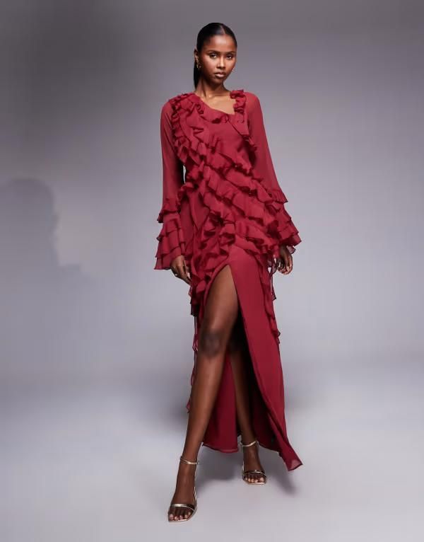 エイソス レディース トップス ワンピース ティアード シフォン アシンメトリー フリル マキシ ASOS DESIGN chiffon long sleeve asymmetric tiered soft ruffle maxi dress Burgundy
