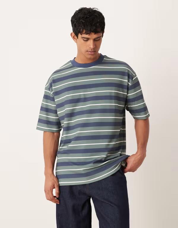 エイソス メンズ トップス Tシャツ ASOS DESIGN breatheMAX heavyweight oversized Tshirt and brown stripe Multi マルチカラー