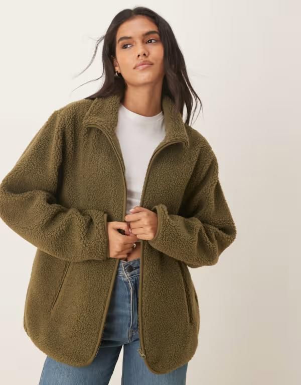 エイソス レディース アウター パーカー・スウェット フリース ASOS DESIGN borg zip up fleece Khaki カーキ
