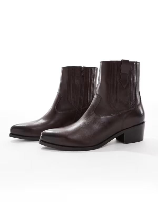 エイソス メンズ シューズ ブーツ・レインブーツ チェルシー ブーツ レザー ASOS DESIGN chelsea western boots leather with cuban soles Brown ブラウン 20,506円