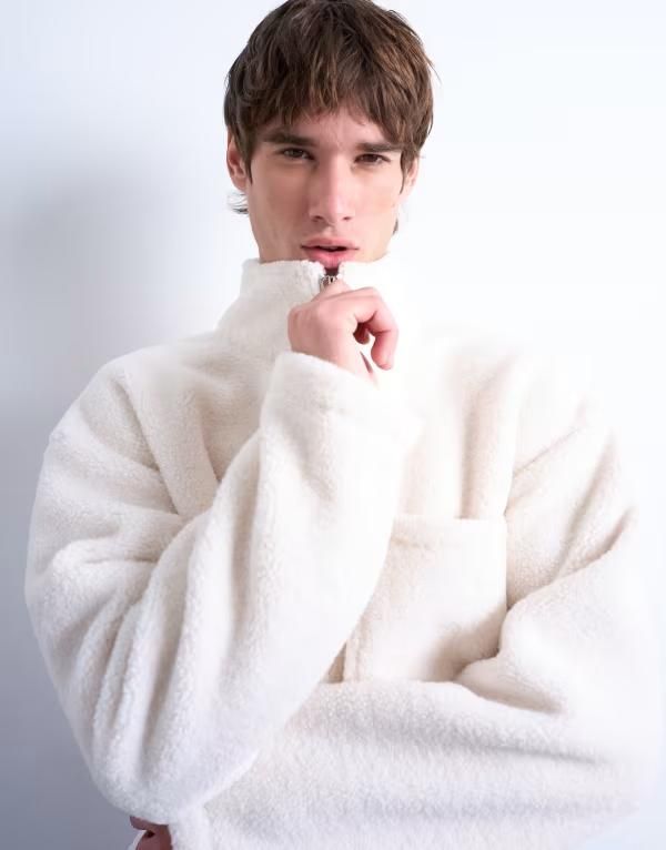 トップマン メンズ アウター ニット・セーター スウェット シャツ Topman 14 zip borg sweatshirt in ecru ECRU エクリュ