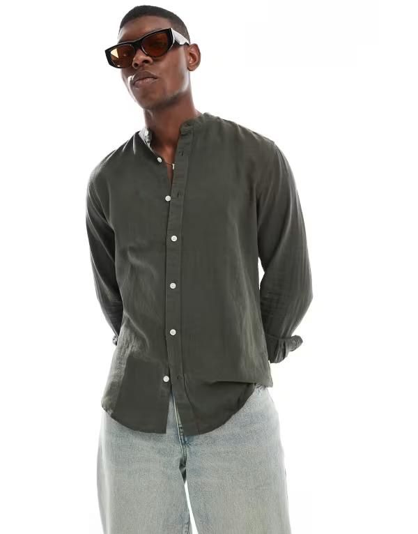 オンリーアンドサンズ メンズ トップス シャツ リネン ONLY SONS linen mix grandad collar shirt Kambaba カーキ 14,805円