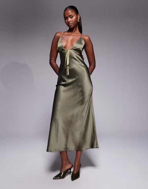 エイソス レディース トップス ワンピース タイディテール ミディワンピース ミディ サテン コントラスト ASOS DESIGN satin bias cut cami midi dress with contrast tie detail in olive