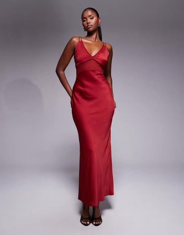 エイソス レディース トップス ワンピース シフォン マキシワンピース シアー サテン マキシ ASOS DESIGN satinchiffon mix sheer bodice cami maxi dress in cherry RED レッド