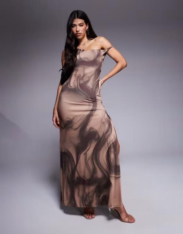 エイソス レディース トップス ワンピース マキシワンピース プリント レース マキシ ASOS DESIGN lace up back maxi dress swirl print Brown Print ブラウン
