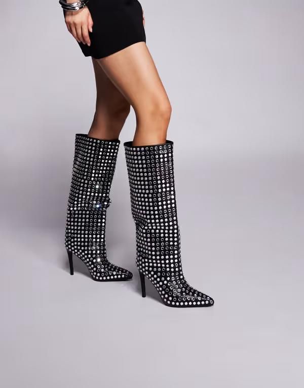 アザレア ワン レディース シューズ ブーツ・レインブーツ ヒール Azalea Wang Cutler stiletto heel embellished knee boots Black ブラック