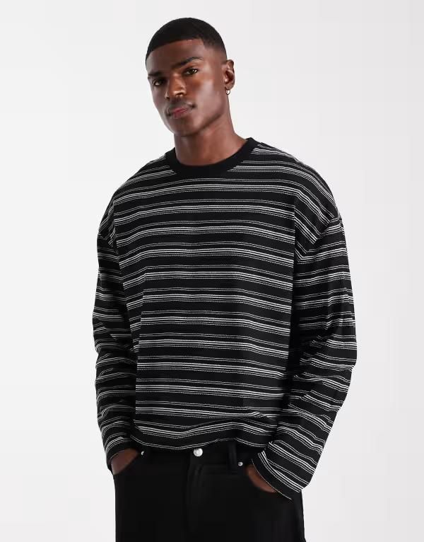 エイソス メンズ トップス Tシャツ ASOS DESIGN heavyweight boxy long sleeve Tshirt textured stripe Multi マルチカラー