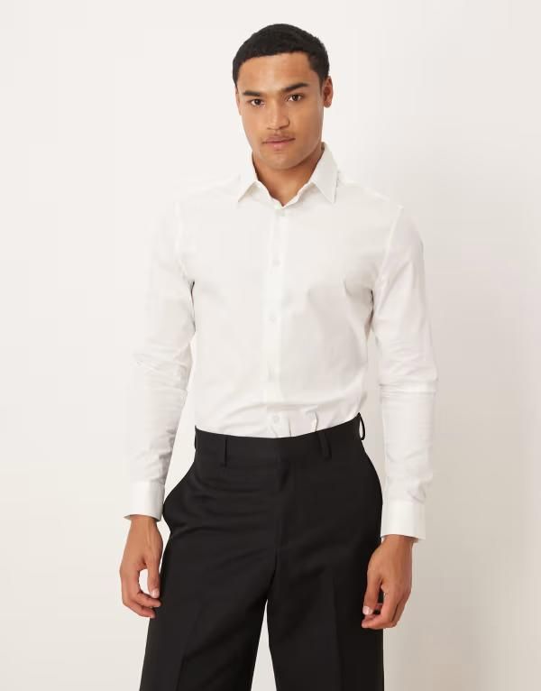エイソス メンズ トップス シャツ ASOS DESIGN skinny stretch work shirt WHITE ホワイト