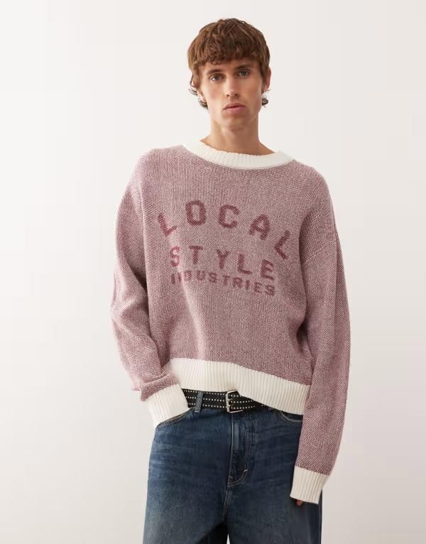 コルージョン メンズ アウター パーカー・スウェット スウェット セーター シャツ コントラスト ニット COLLUSION contrast red and white boxy knit sweatshirt sweater RED レッド
