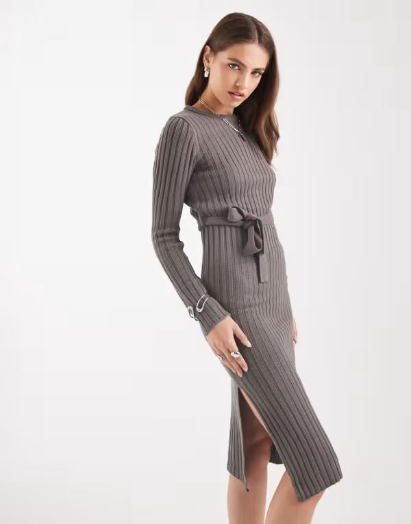 ブレーブソウル レディース トップス ワンピース ミディ セーター Brave Soul midi sweater dress with beltie in charcoal gray チャコール