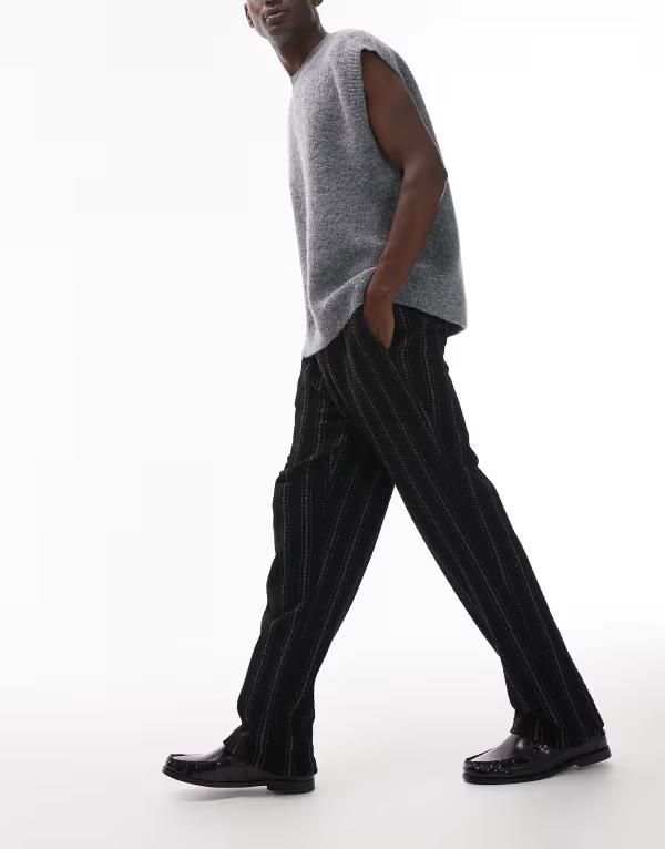 トップマン メンズ ボトムス カジュアルパンツ パンツ スウェットパンツ Topman straight fit sweatpants with textured stripe Black ブラック