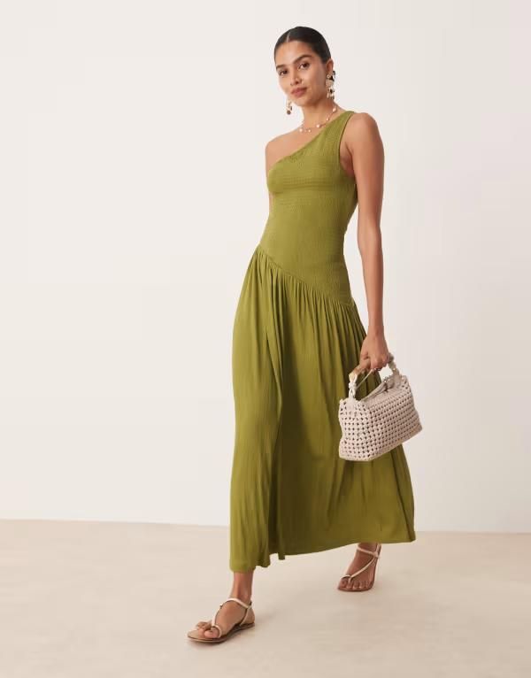 エイソス レディース トップス ワンピース アシンメトリー ミディワンピース ミディ ASOS DESIGN crinkle shirred bodice one shoulder asymmetric dropped waist midi dress in