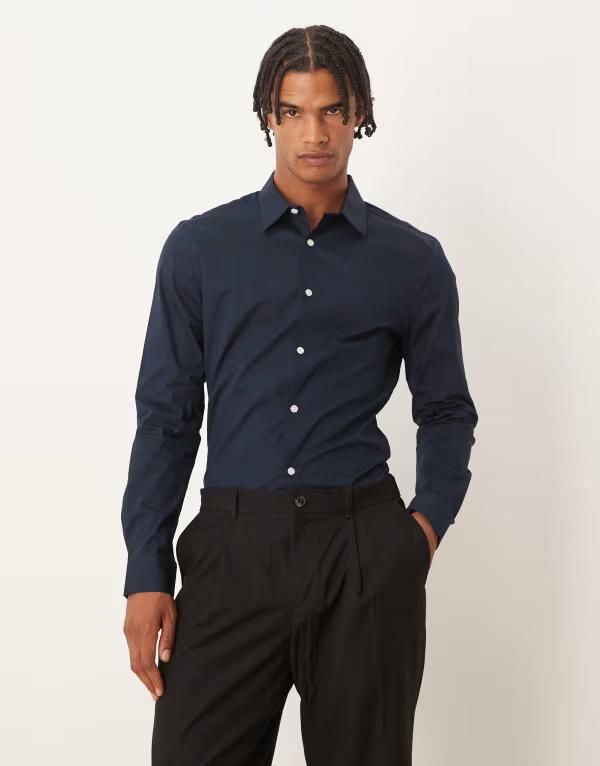 エイソス メンズ トップス シャツ ASOS DESIGN skinny poplin shirt NAVY ネイビー