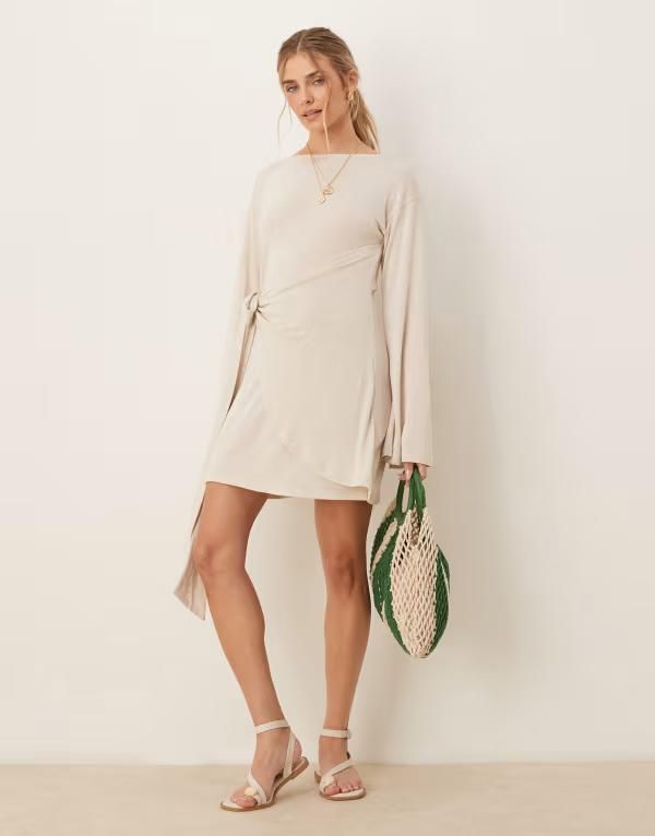 エイソス レディース トップス ワンピース ミニワンピース ミニ リネン ASOS DESIGN linen look long sleeve wrap detail mini dress IVORY アイボリー