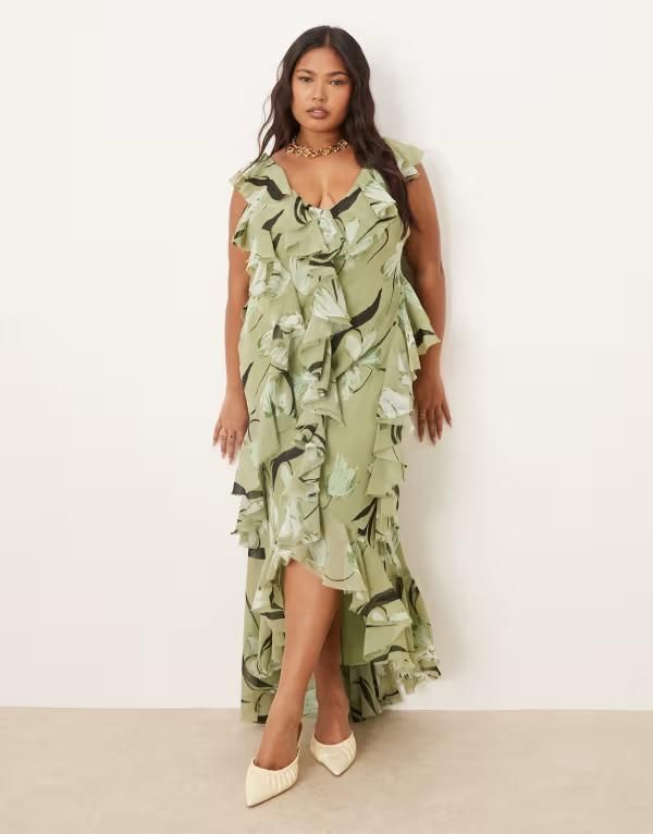 エイソス レディース トップス ワンピース オープンバック マキシワンピース フラワー柄 フリル マキシ フラワー ASOS Curve ASOS DESIGN Curve ruffle bias cut maxi dress with open back f