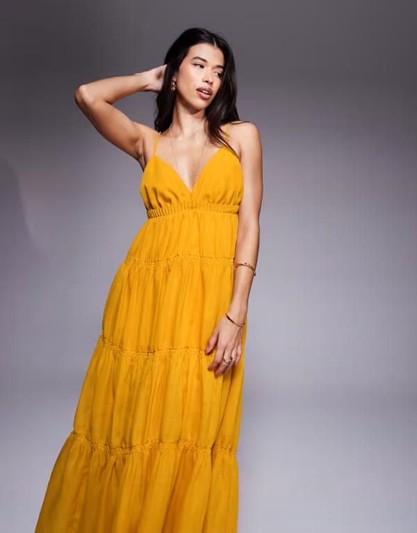 エイソス レディース トップス ワンピース ティアード マキシワンピース スカート マキシ ASOS DESIGN tiered cami maxi dress with ruching details and volume skirt in mustard