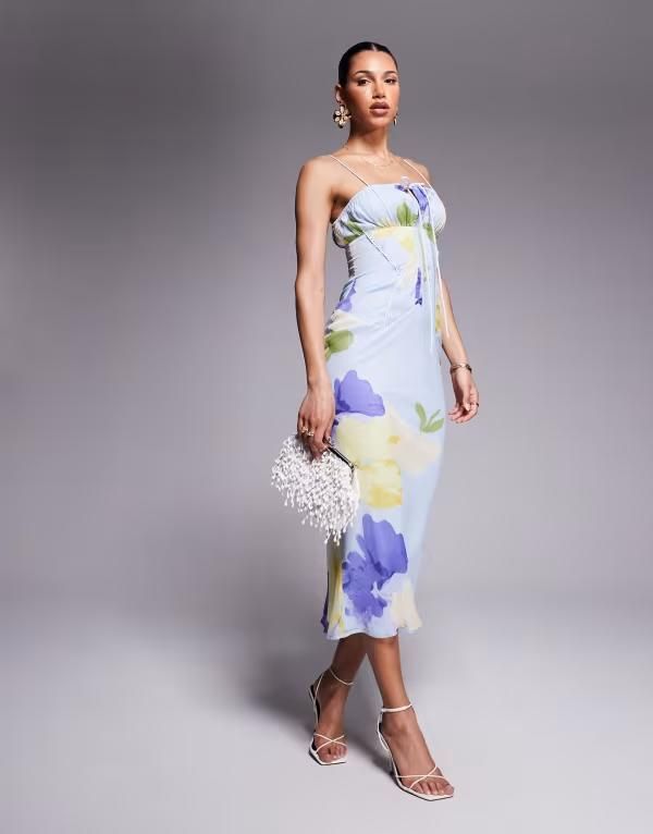 エイソス レディース トップス ワンピース シフォン ミディワンピース フラワー柄 プリント ミディ フラワー ASOS DESIGN bardot chiffon bias midi dress in lilac floral print Lilac flo