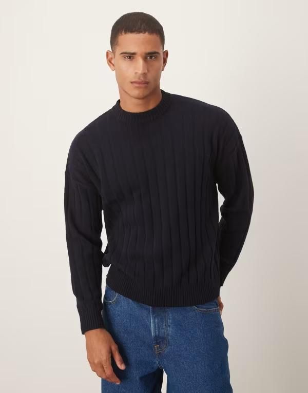 エイソス メンズ アウター ニット・セーター クルーネック ウール セーター ニット ASOS DESIGN oversized knit lambswool rib crew neck sweater in dark DARK NAVY ネイビー