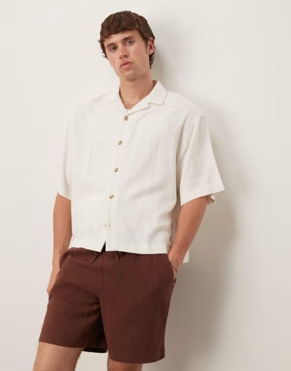 エイソス メンズ トップス シャツ リネン ASOS DESIGN boxy oversized revere linen blend shirt WHITE ホワイト