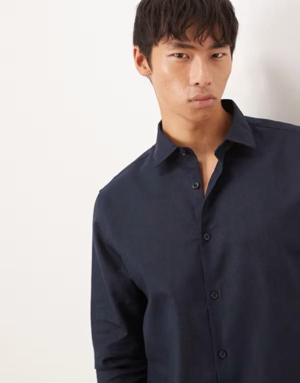 エイソス メンズ トップス シャツ リネン ASOS DESIGN formal linen regular shirt NAVY ネイビー 8,380円