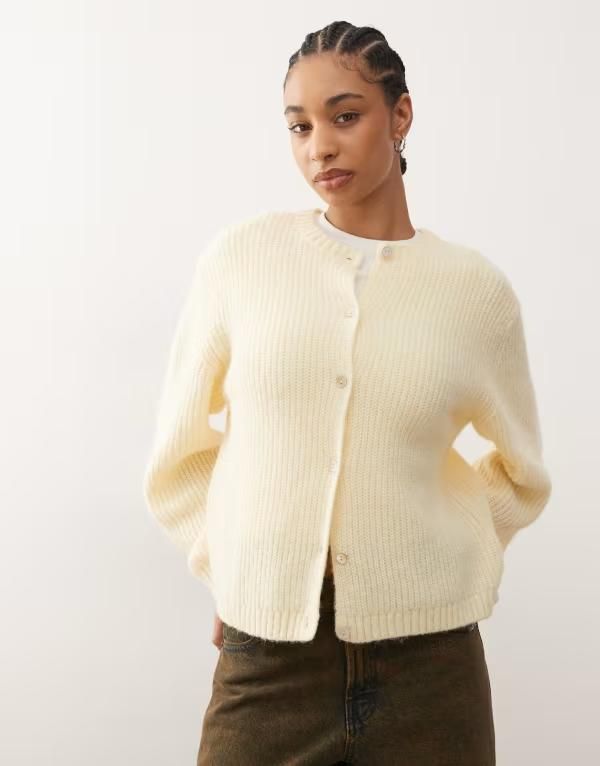 モンキ レディース アウター カーディガン ニット Monki button up knit cardigan in lemon