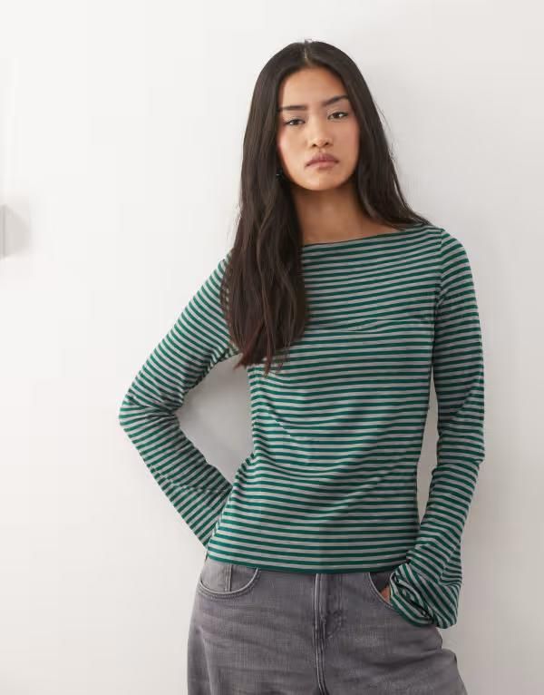 ウィークデイ レディース トップス Tシャツ Weekday Annie soft boat neck long sleeve top in dark green and gray stripexclusive to ASOS Dark Green Gray