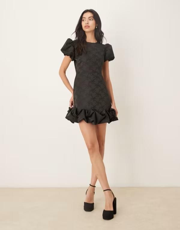 シスタージュン レディース トップス ワンピース フリル裾 プリント フリル ミニ Sister Jane puff sleeve ruffle hemini dress bow print Black ブラック