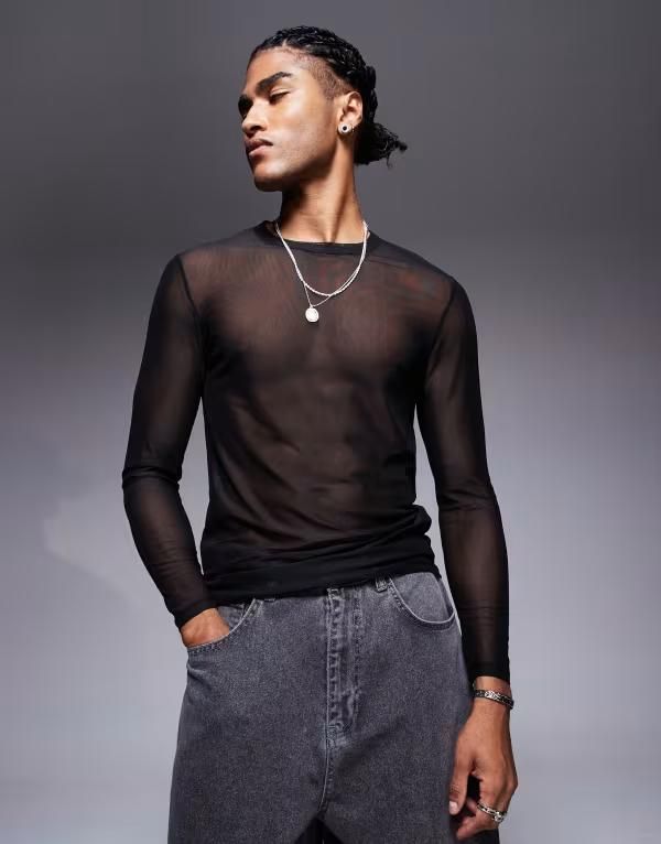 エイソス メンズ トップス Tシャツ メッシュ ASOS DESIGN muscle fit long sleeve tshirt mesh Black ブラック