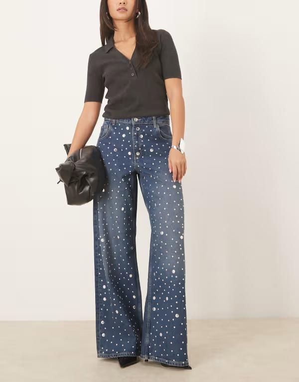 マンゴ レディース ボトムス デニムパンツ ストレート コットン ジーンズ Mango Elina 100 cotton straight leg jeans with embellishments BLUE ブルー