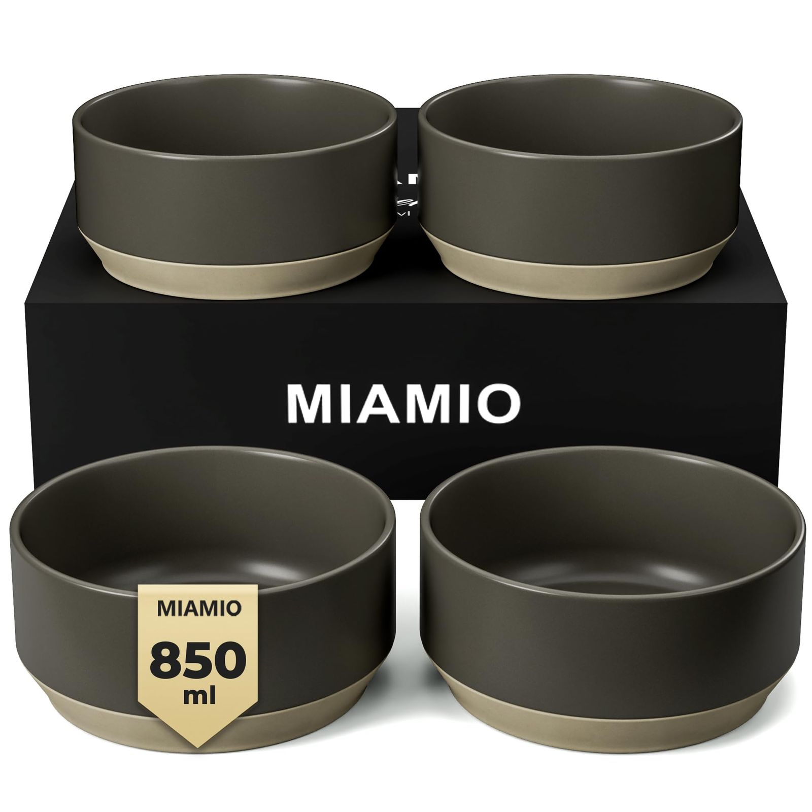 新品 MIAMIO 4点セットボウル / セラミックボウルセット (850 ml) パスタ、ラーメン、シリアル、サラダ用 食器洗浄機と電子レンジ対応 シエラコレクション (ダーク（4x）)