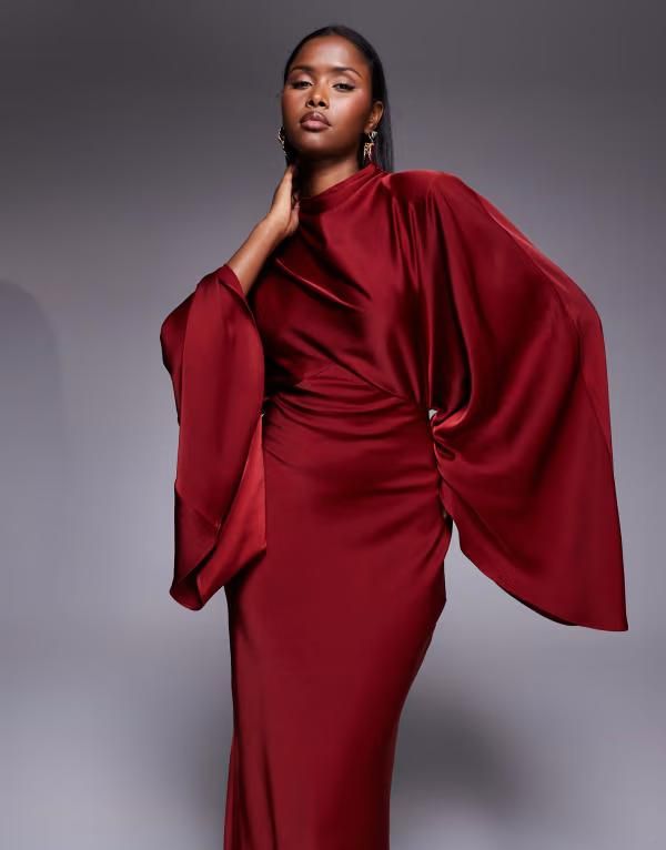 エイソス レディース トップス ワンピースタンドネック サテン マキシ ASOS DESIGN funnel neck satin maxi dress with exaggerated sleeves RED レッド
