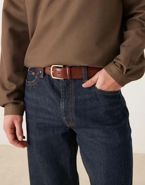 エイソス メンズ アクセサリー ベルト レザー ASOS DESIGN smart leather belt with gold buckle BROWN ブラウン